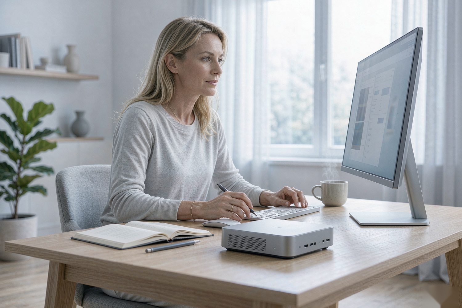 European professional working from home with a compact AI PC