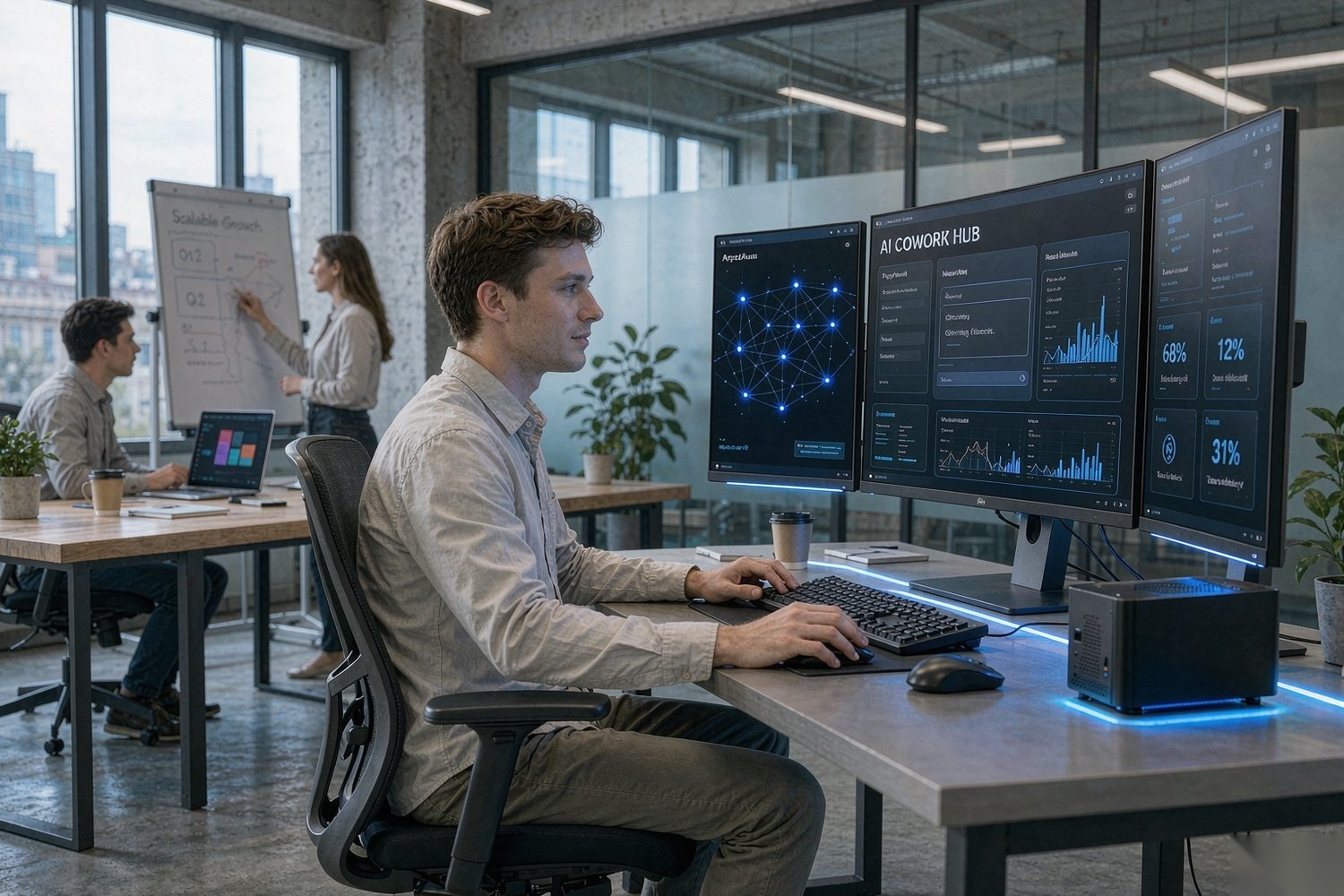 Western professionals using AI PC in a modern office